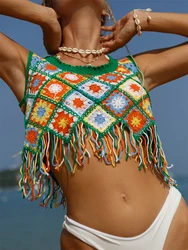 In-X Crop Top solo Top corto lavorato a maglia per Bikini Green Cover Up Crochet Crop Top con nappa Summer Resortwear Beachwear women