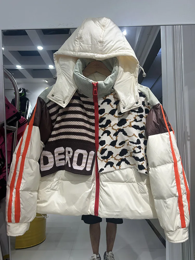 Chaqueta con capucha y estampado de bloques de Color de punto de gama alta, abrigo acolchado de pato blanco 90% holgado y grueso para invierno, nueva calle