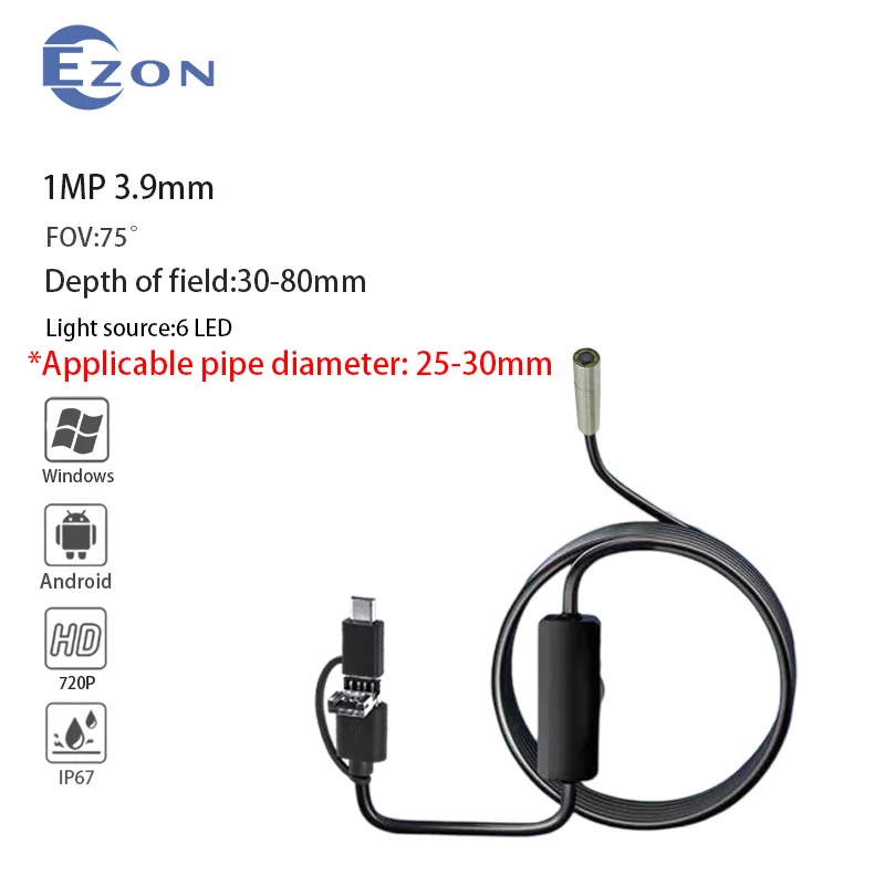 

1 МП 3,9 мм FOV 75 ° Макро-эндоскоп с закрытым фокусом для механического обслуживания 1,5 м USB Type-C 3-в-1 промышленный инспекционный эндоскоп