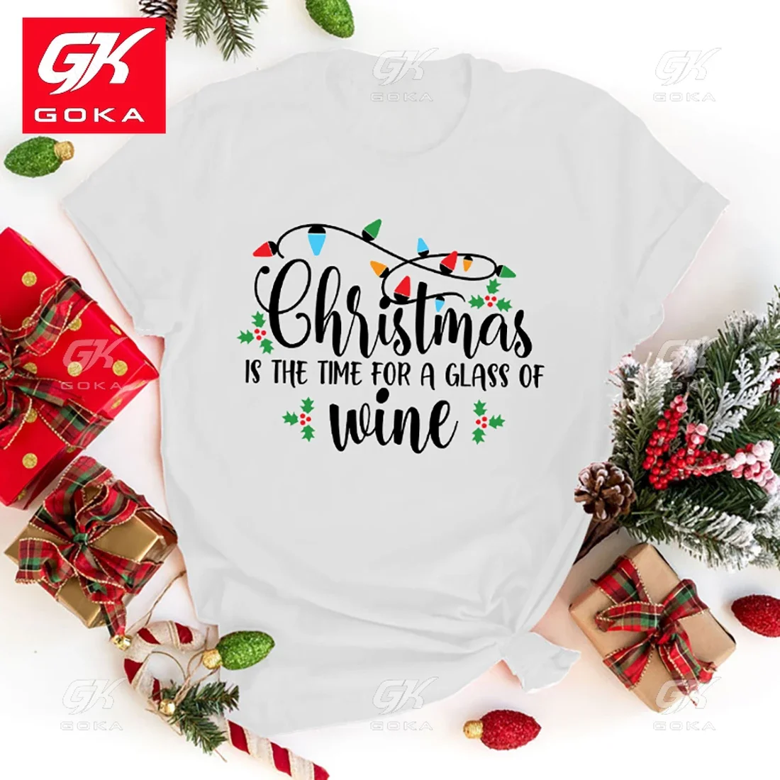 Funny Christmas Is The Time for A Glass of Wine Letter Printing Cotton T Shirt for Women Tee Shirt Femme Casual Top Short Sleeve