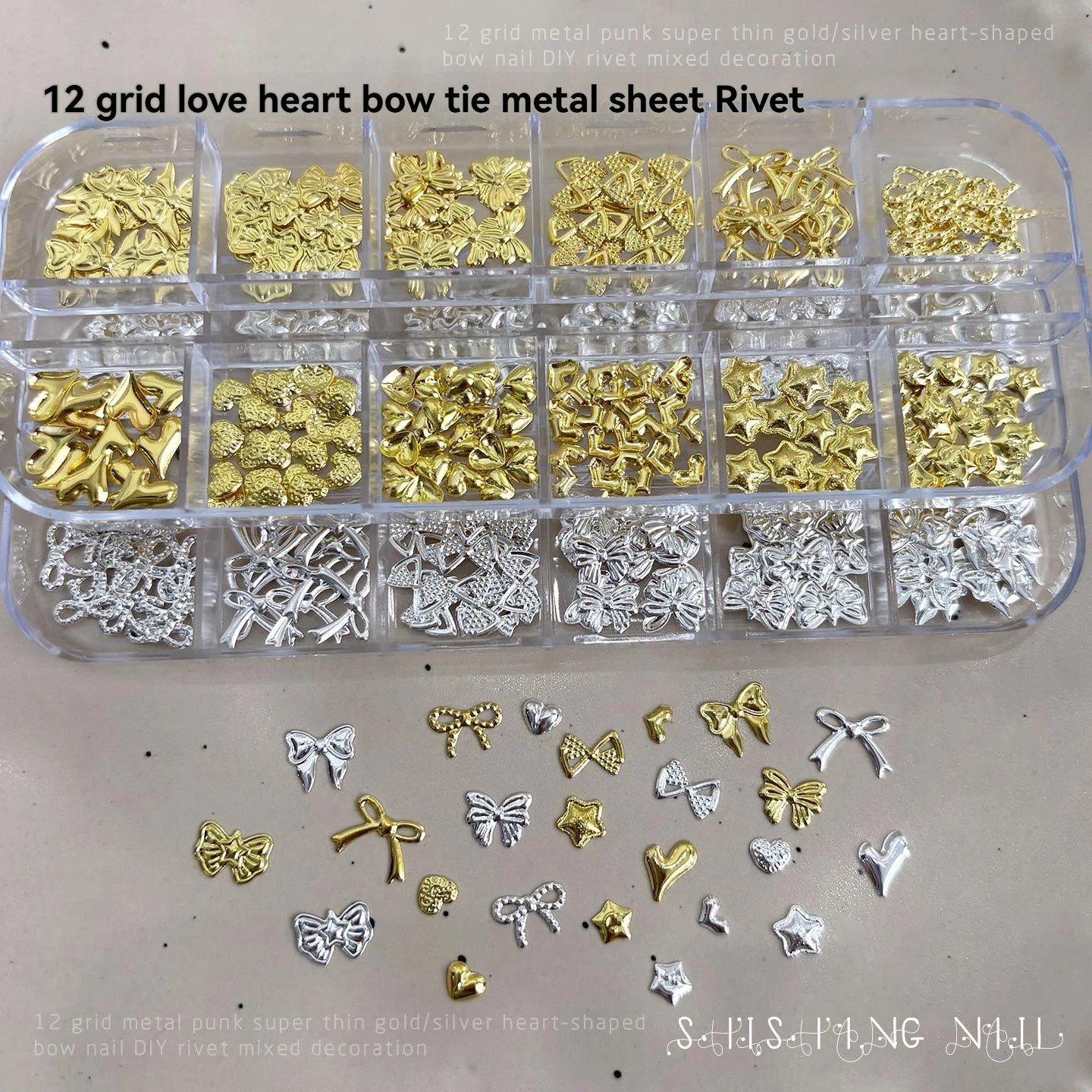 Mixed Metal Nail Art Charms Bowknot Heart Star Rivets Studs Gold Silver Tone 3D Manicure Decoration Accessories Kit