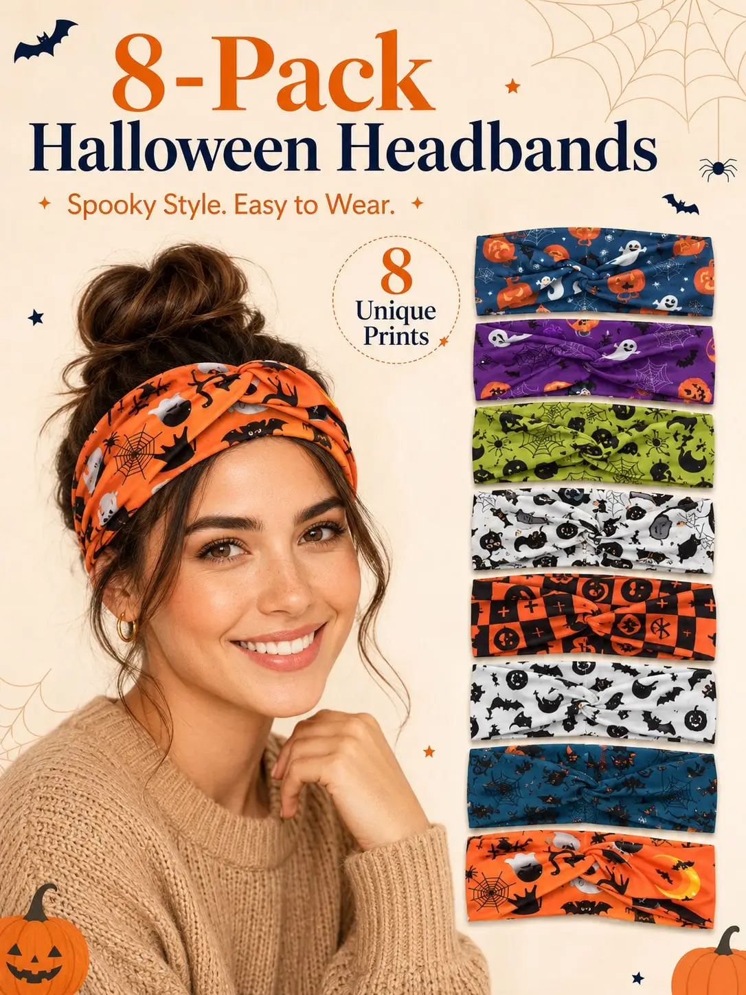 8/4/1 Pcs Halloween Headbands For Women, Pumpkin Ghost Bat Spider Web Print Elastic Headwrap Hairband, Twist Knot Headbands, Women's Hair Accessories.