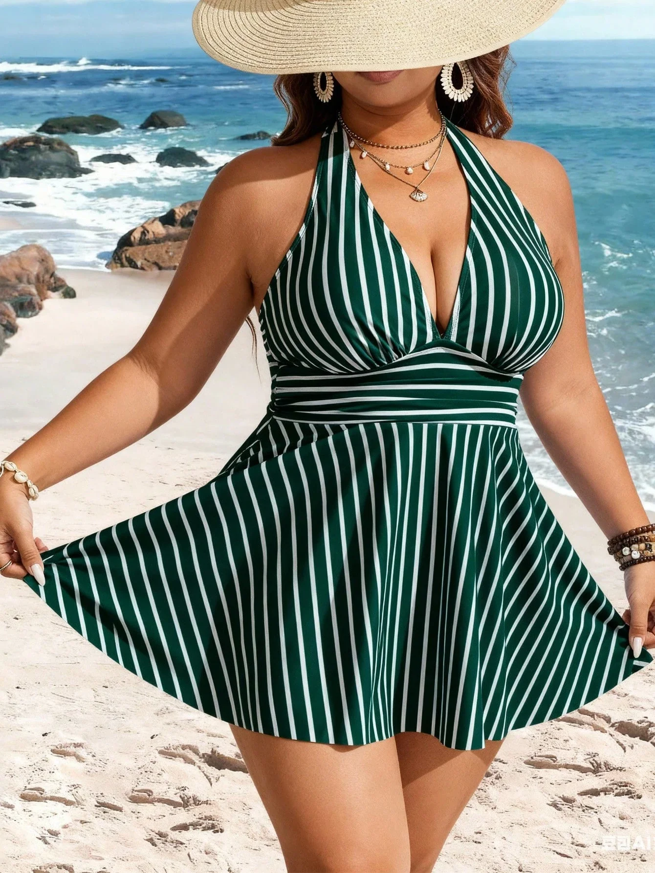 

Женский купальник-танкини больших размеров в полоску с завязками на шее и драпировкой на талии для пляжного отдыха