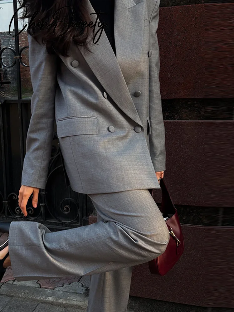 

Повседневный женский пиджак, брючные костюмы, двубортные широкие брюки с подкладкой на плечах, женский комплект, весенний комплект 2026, женский комплект из 2 предметов