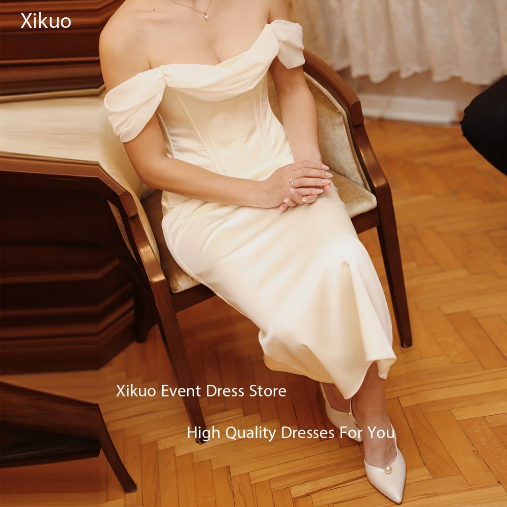 Xikuo Off Shoulder Lace Up Back Wedding Dresses Ruched High Quality Bridal Gown Midi Chic Vintage Vestidos De Novia Customized