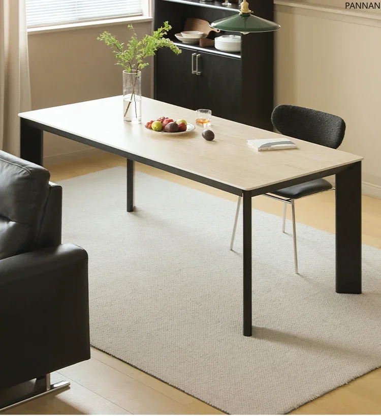 Travertine rock slab dining table wind ash small apartment table thickened simple rectangular rice solid wood dining table