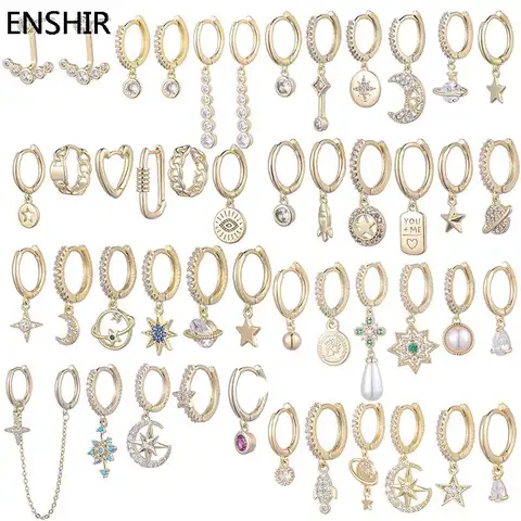 ENSHIR 6 개/대 지르콘 진주 스타 펜던트 귀걸이 럭셔리 여성 후프 귀걸이 클래식 파티 쥬얼리