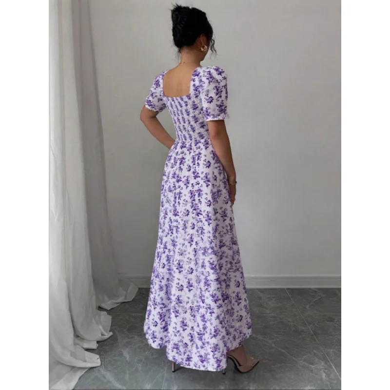 Moroder 2025 Letnia Nowa Kolekcja Damska Moda Europejska i Amerykańska Sukienka Szyfonowa z Dekoltem w Serek, Krótkimi Rękawami, Nadrukiem i Rozkloszowanym Dołem