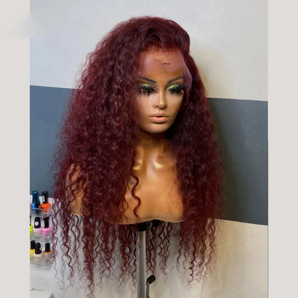 

99j Soft 26inch Long Kinky Curly Burgundy 180Density Lace Front Wig For Black Women Babyhair Preplucked Heat Resistant Glueless