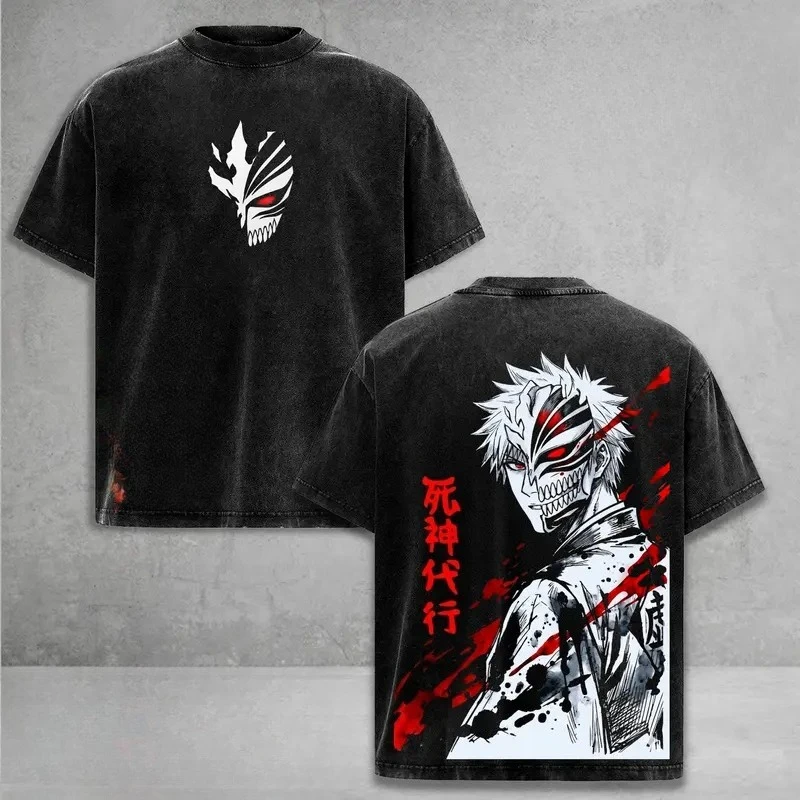 Vintage Washed Anime BLEACH Kurosaki Ichigo Printed Tee Men Women Short Sleeve Cotton Oversized Casual Fashion Tshirts Tops