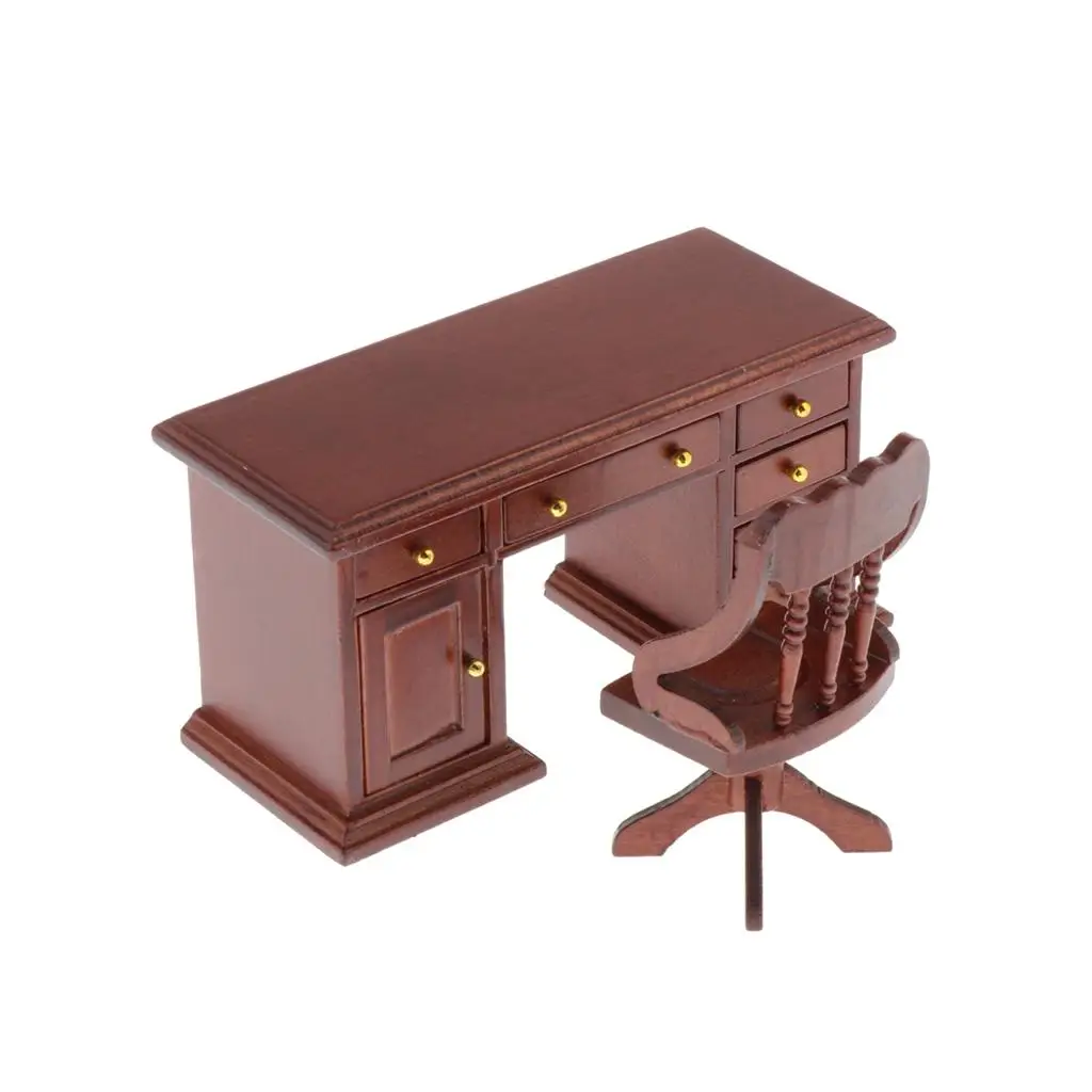 Miniature Dollhouse Computer Desk Set /12 Scale Dolls House Study Office Furnishings and Decorations Kit, Brown