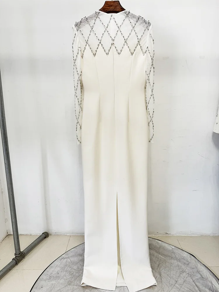 HIGH QUALITY Newest 2026 Designer Fashion Beige Elegant Beaded Mesh Long Sleeve Maxi Dress Formal Evening Party Gown for Women