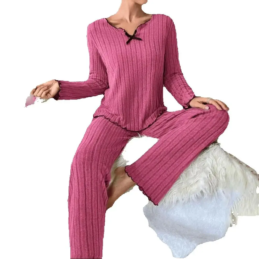 2025 donne a costine indumenti da notte autunno nuovo pigiama set scollo a V manica lunga in pizzo top elastico in vita pantaloni lunghi set abbigliamento per la casa