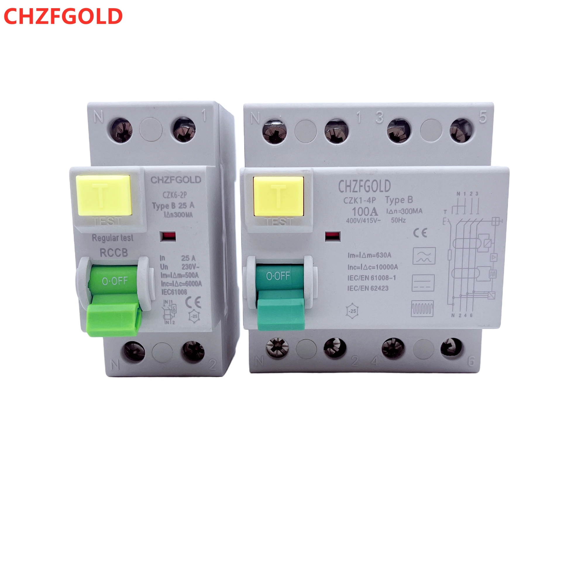 CHZFGOLD  EV solar DC differential switch, DIN rail leakage circuit breaker, 2P/4P, 63A, 30MA, 300MA, B-type slotted busbar 10KA