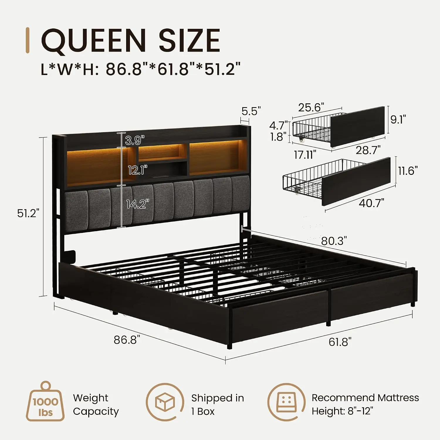 Queen Bed Frame 6 Drawers Linen Headboard USB LED Lighting Metal Support No Box Spring Black, Customized