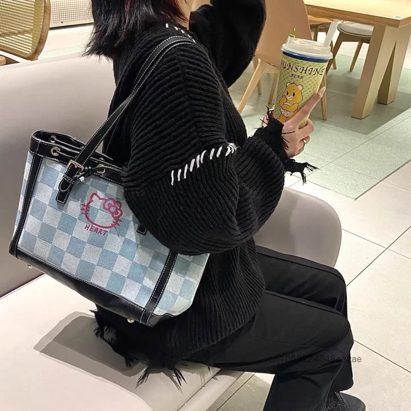 Sanrio Hello Kitty Plaid Drawstring Handbag Millennial Spice Girl Y2K Versatile Shoulder Bag Korean Style New Trend Vintage Tote