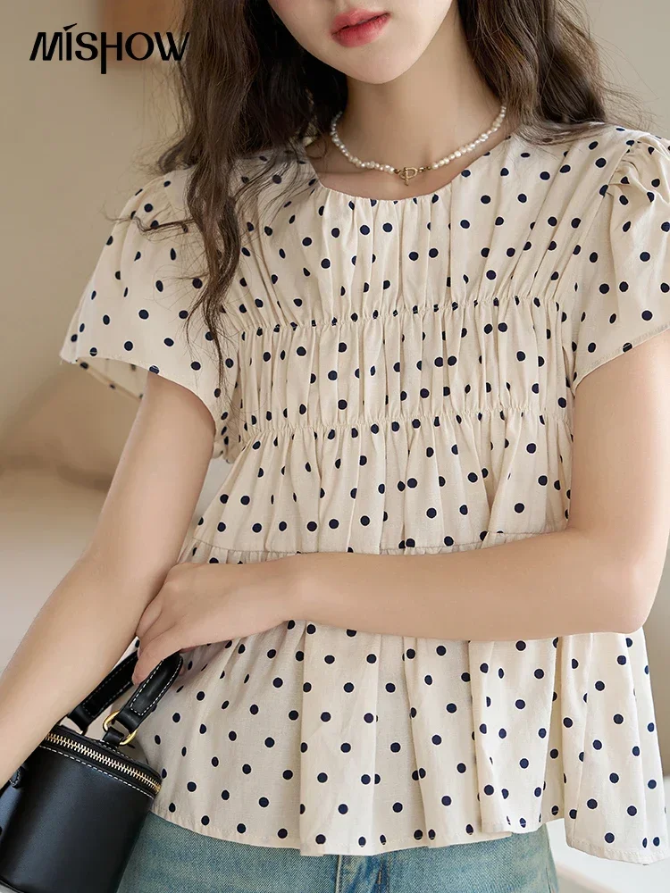 MISHOW Polka Dot Blouses for Women 2023 Summer French Flying Sleeve O Neck Elastic Folds Loose Retro Female Doll Top MXC39X1291