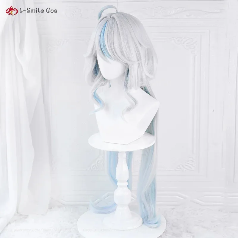 أنيمي Focalors شعر مستعار تأثيري 43 سنتيمتر/100 سنتيمتر مجعد الفضة الأبيض الأزرق Furina تأثيري أنيمي شعر مستعار مقاومة للحرارة الاصطناعية الشعر + غطاء شعر مستعار