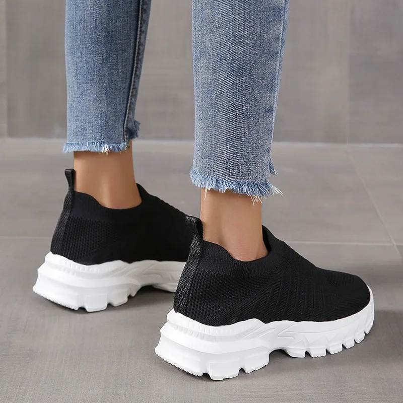 Women Platform Casual Shoe Summer Mesh Breathable Woman Sneakers Knitted Solid Color Slip-On Ladies Walking Shoes Female Flats