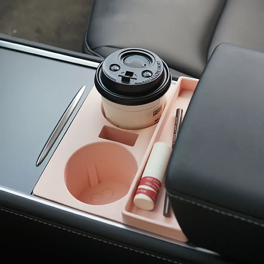 for Tesla Cup Holder Insert with Key Card Holder & Storage Design Compatible with Model 3 Model Y, Washable Food-Grade Silicone