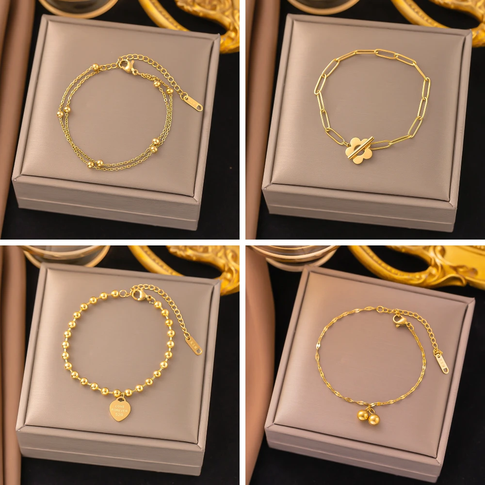 Stainless Steel Gold Color Women\'s Bracelet Flower Heart Charm Hand Chain Fashion Trendy Bangle Jewelry Gifts New Wholesale