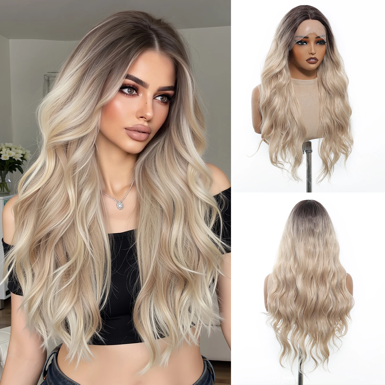 HAIRCUBE Lace Front Wig Ombre Natural Blonde Wigs For Women Dark Roots Long Curly Synthetic Wig Middle Part Hair Daily Wear Wig