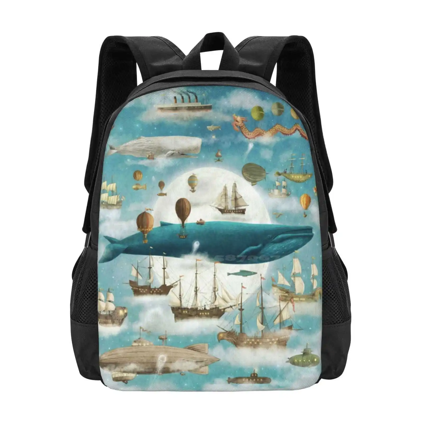 Ocean Meets Sky - Book Pattern Design Bagpack School Bags Bluewhale Blue Whale Tallships Moon Night Fantasy Oceanmeetssky Ocean