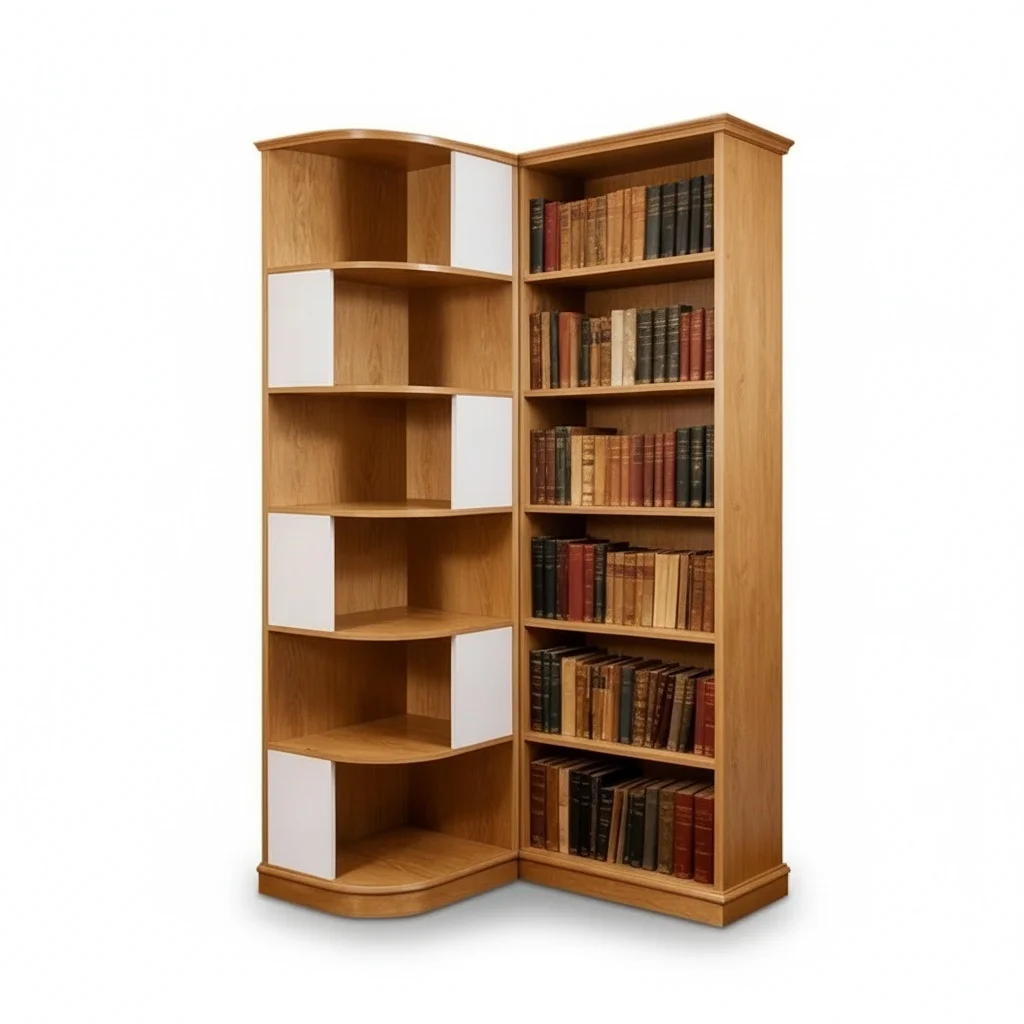 

Modern Corner Bookcase, 6-Shelf Solid Wood and MDF Bookshelf, Adjustable Standing Display Shelf with Stainless Steel Back
