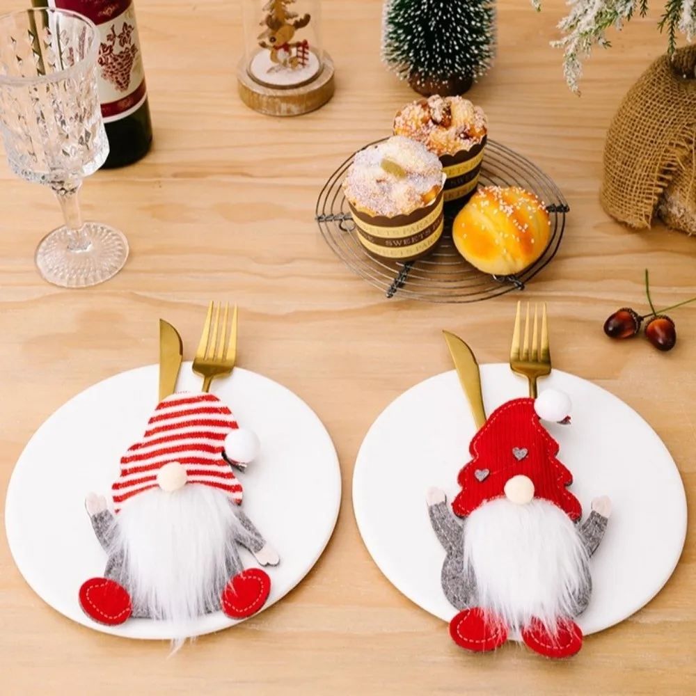 Three Faceless Elderly Christmas Tableware Storage Bag Santa Claus Felt Material X-mas Cutlery Pocket Combination Red Color