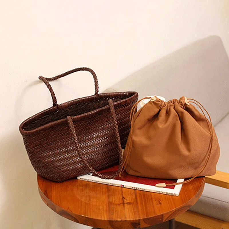 Women Genuine Leather Woven Tote Bag Large Capacity Casual Commuter Shoulder Bag Lady Vintage Basket Handbags with Inner Pouch view 3
