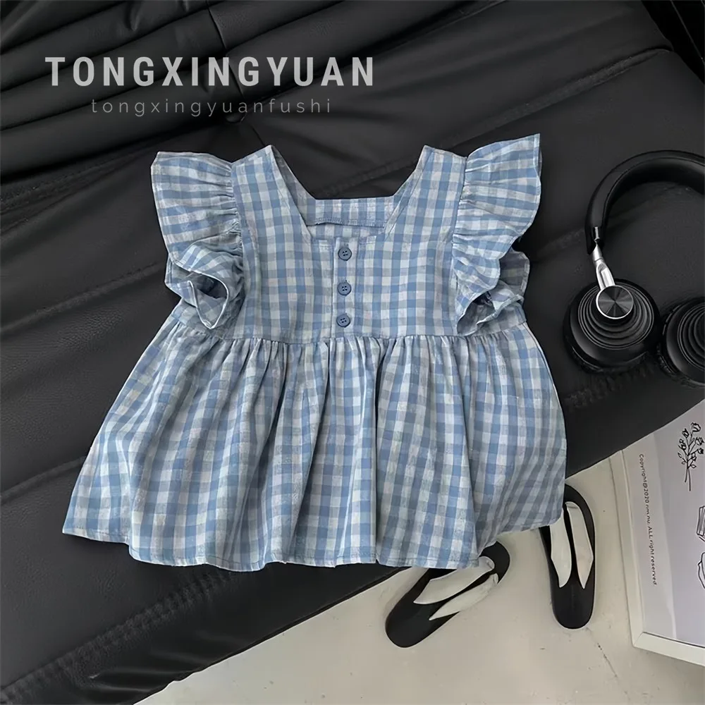 

Summer New Korean Baby Girl Plaid Small Flying Sleeves Princess Doll Shirt Shorts Foreign Style Suit