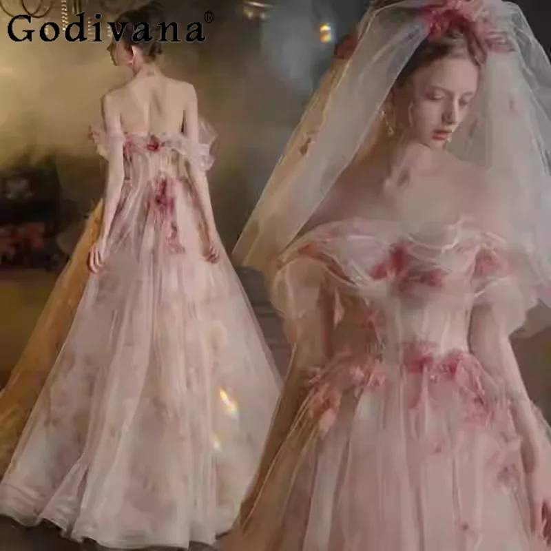 

Pink Sweet Elegant Slash Neck Flower Banquet Korean Strapless Evening Dress Lolita Girls High Waist A-line Fashion Fairy Dresses