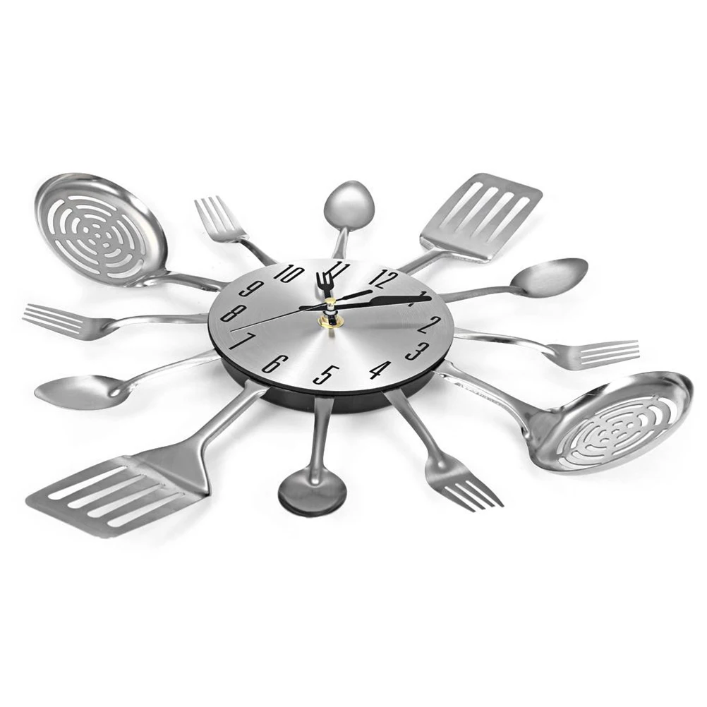 

Silver Tableware Wall Clock 32x32cm Metal Kitchen Decor Modern Design Clocks Cutlery Style Home Decorative Wall Clocks