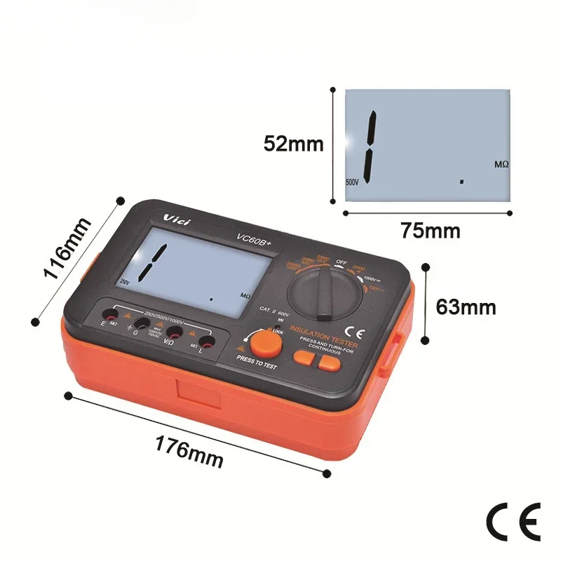 VC60B+ Digital Insulation Resistance Tester LCD 1000V  Insulation 0-2000M Ohm High Voltage Short Circuit Input Alarm