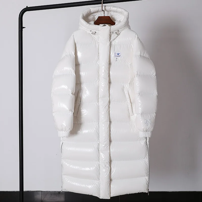 

White Glossy Female Hooded Down Jacket 2023 Winter New 90%White duck down Long Coat Women's Warm Thicken Snow Parkas Overcoat