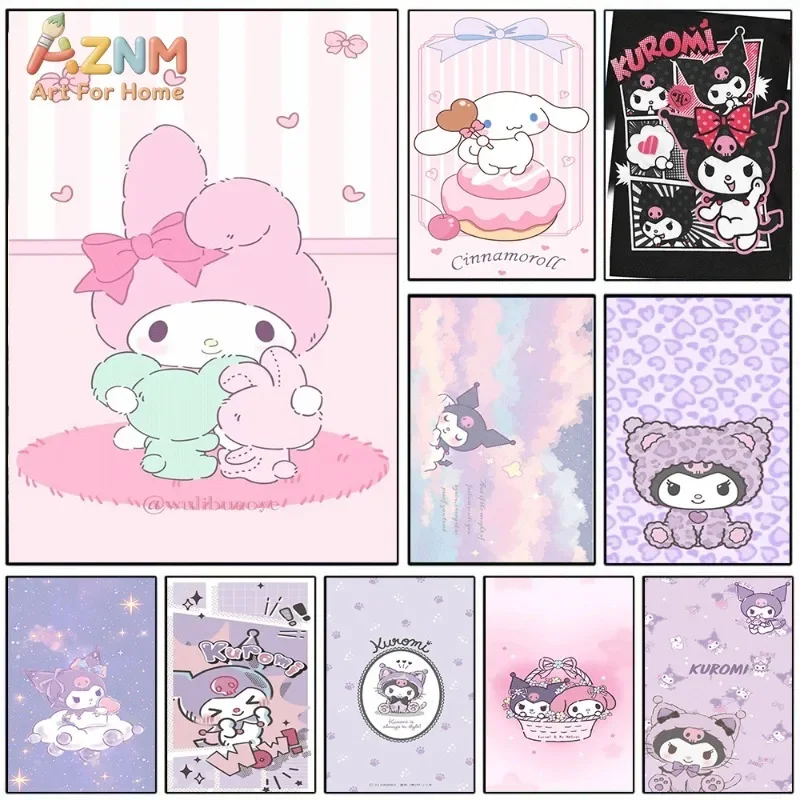 Sanrio My Melody Pink Background Canvas Wall Art No Frame Cute Pink Rabbit Cartoon Print With Plush Doll Girly Kids Bedroom