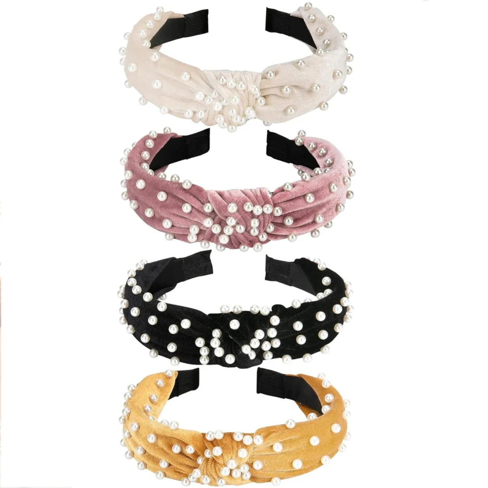 4 Pieces Pearl Knotted Headbands For Women Velvet Pearl Hair Bands For Girls Birthday Gifts Hair Clips Hair Accessories