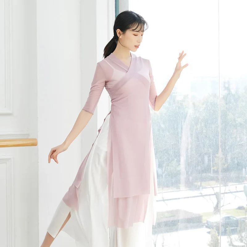 Personalizado estilo chinês jazz dança moderna prática médio longo feminino clássico dupla camada fluindo fenda gaze roupas