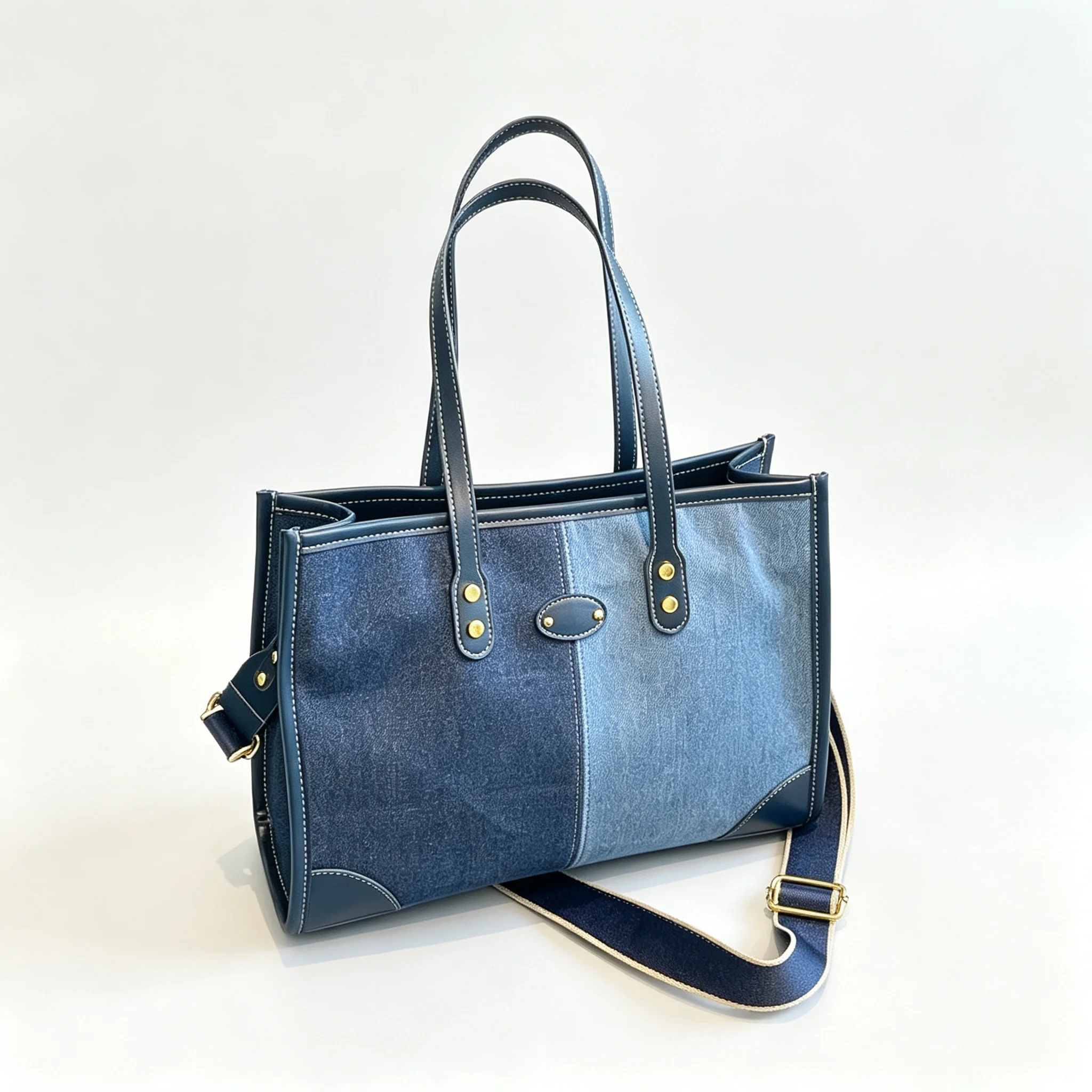 Black Dark Light Blue Color Block Denim Canvas Tote Bag Large Capacity Casual Commuter Shoulder Crossbody Handbag For Women