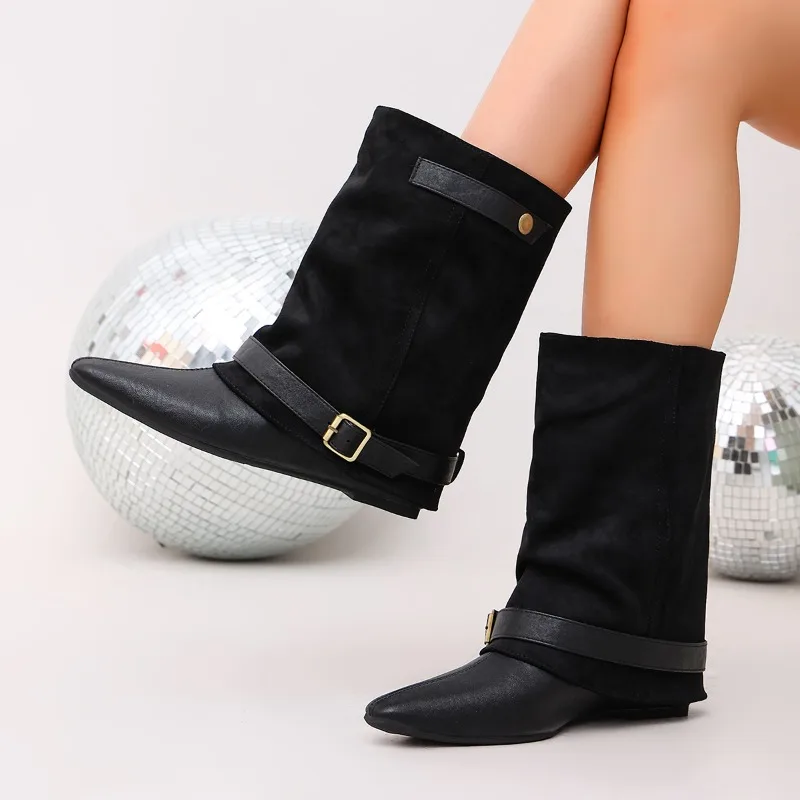 Inside Heightened Pointed Toe Mid-leg Pants Tube Boots Square Toe New Belt Buckle Fall Winter Flats