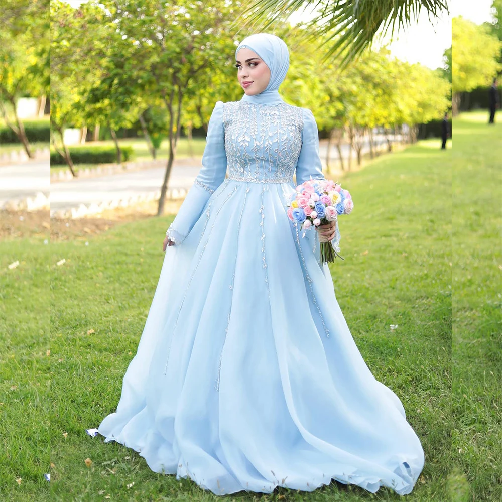 

Muslim Wedding Dresses with High Neck Long Sleeve Sweep Train A Line Beading Chiffon Hijab Garden Bride Bridal Gowns Customized