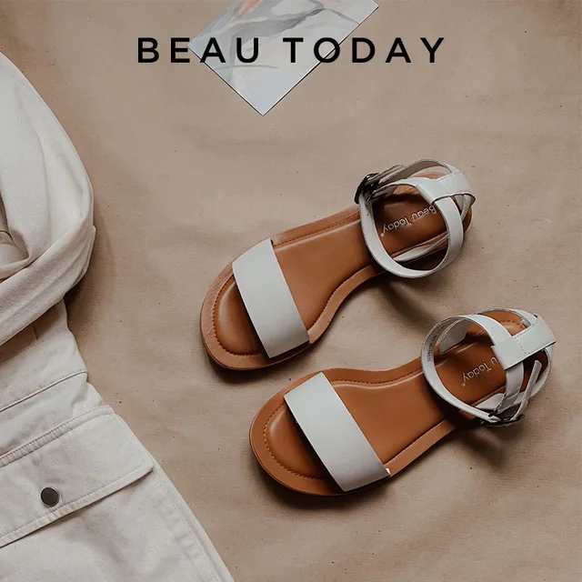 BeauToday sandały kobiety oryginalna skóra bydlęca Wraparound kostki pasek metalowa klamra kobiet na zewnątrz letnie buty na płaskiej podeszwie Handmade 32344
