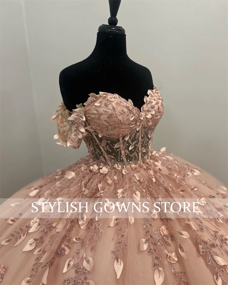 Pink Off The Shoulder Ball Gown Quinceanera Dresses For Girls Beaded 3D Flowers Birthday Party Gowns Lace Up Back Sweet 15 16