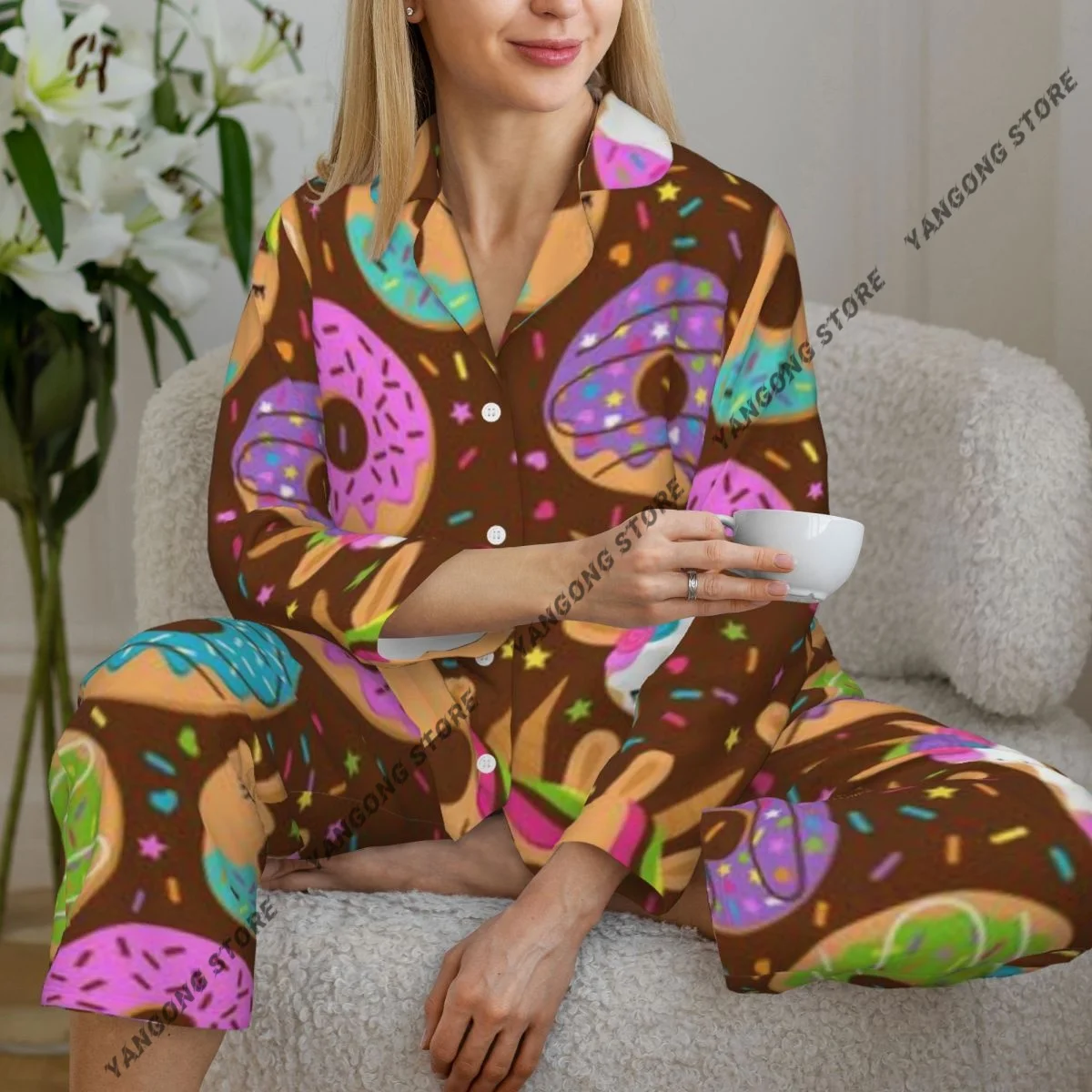 Women Sleepwear Loungewear Unicorn Donuts Long Sleeve Lapel Neck Shirt and Elastic Waist Pants Pajamas Set