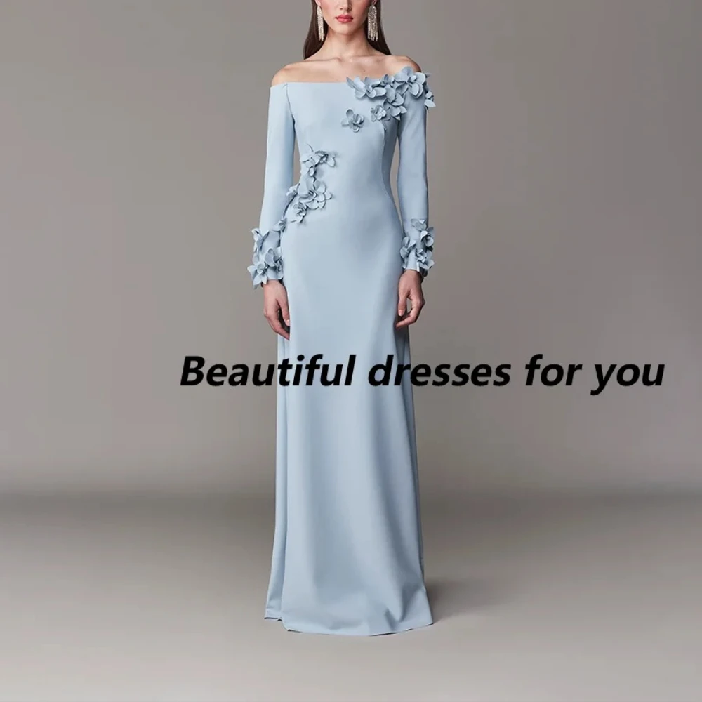 

Light Blue Evening Dress Customized Boat Neck Long Sleeves Elegant Evening Gowns Pleated Flowers Trumpet Formal Party Dresses