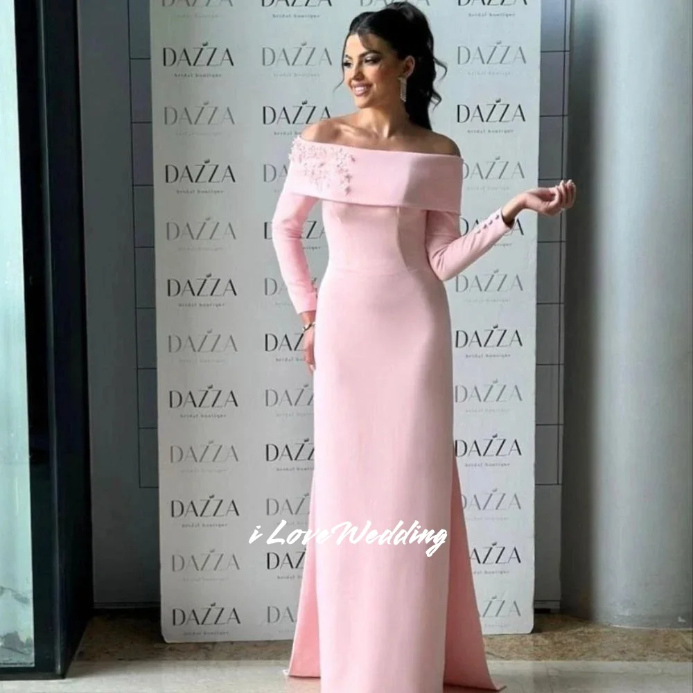 

Pink Off Shoulder Evening Dresses 2025 Satin Long Sleeve Sequin Beaded Flower Sheath Floor-Length Wedding Party Dress Customized