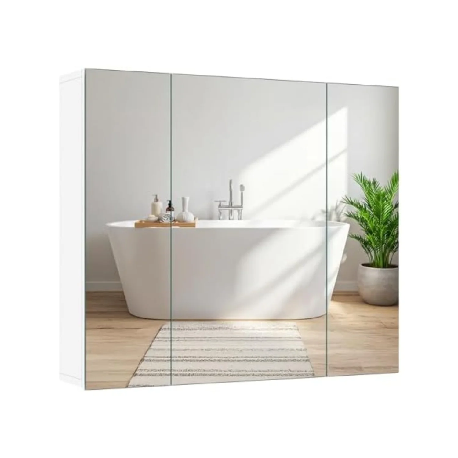 28" White Bathroom Medicine Cabinet with 3 Frameless Mirror Doors | Bathroom Mirror with Storage, 28" x 24" x 6" MDF