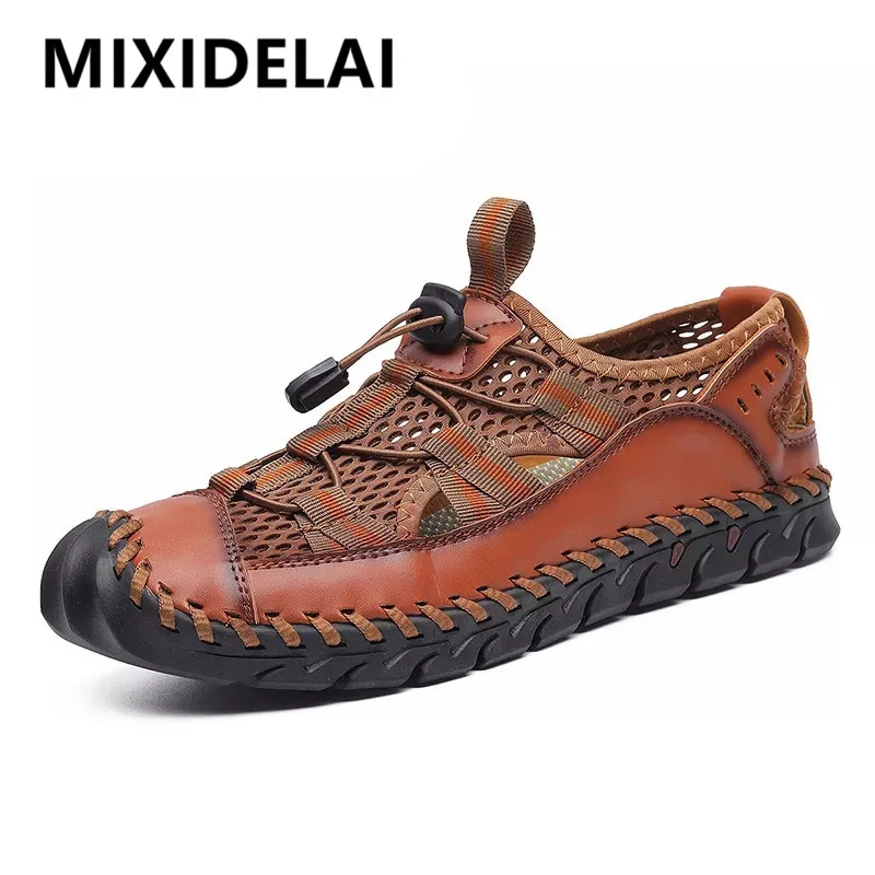 Nuevas sandalias transpirables de verano para hombre, sandalias romanas a la moda, zapatos informales de malla hechos a mano para hombre, sandalias