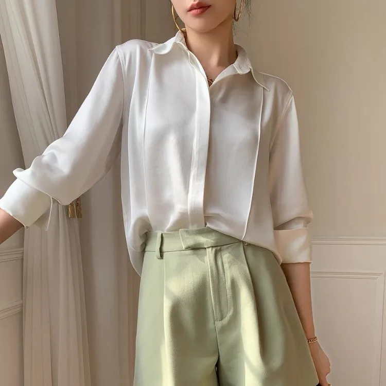 Boweylun Acetate Satin Solid Color Shirt Women's Spring and Autumn Long Sleeve Shirt