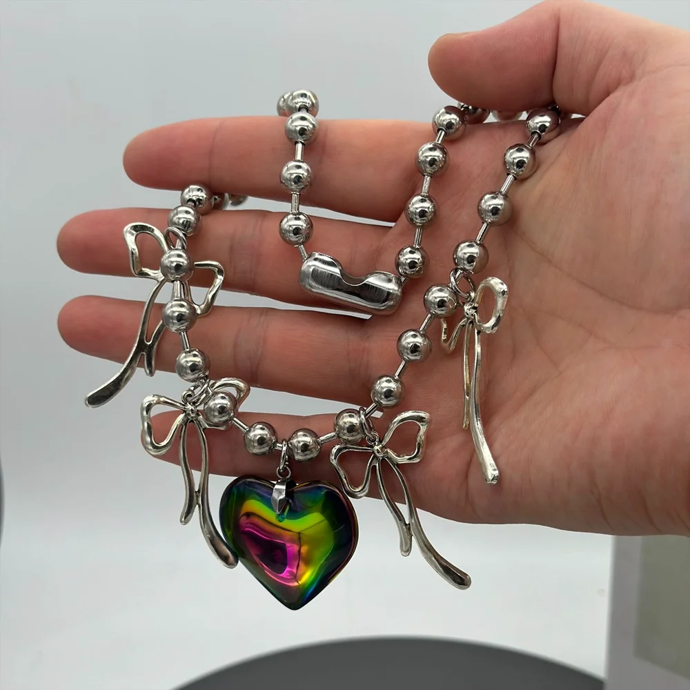 Grunge Y2K Chunky Bead Chain Colorful Puffy Heart Bowknot Charms Pendant Necklace for Women Punk Cool Emo Goth Choker Jewelry